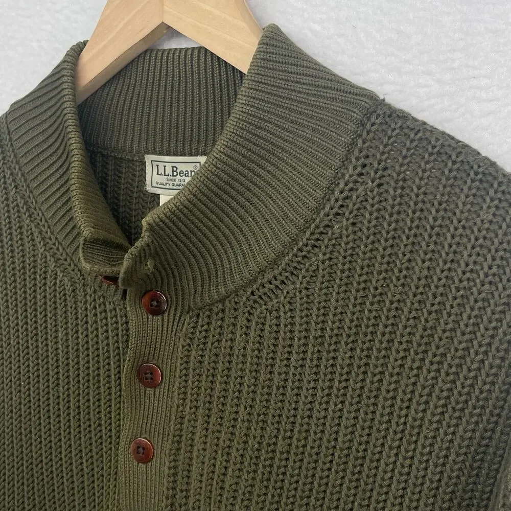 LL BEAN Sweater Mens L Henley Half Button Ribbed Pullover Heavy Cotton Green